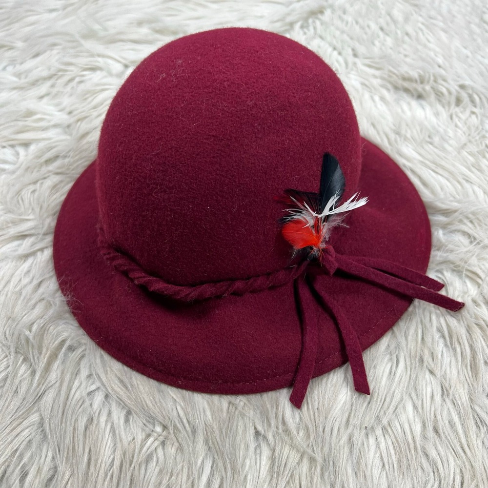 Lancaster Women's OS Burgundy‎ Red Cloche Hat 100% Wool Feather Details